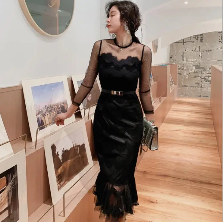 

2019 Autumn Sexy Lace Black Bodycon Dress Mesh Patchwork Perspective Party Trumpet / Mermaid Ruffle Bandage Dress Vestidos