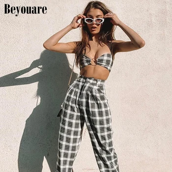 

Beyouare Sexy Plaid Print Two Piece Sets Women Summer Bow Spaghetti Strap Top And Loose Pants Sleeveless Elegant Ladies Outfits
