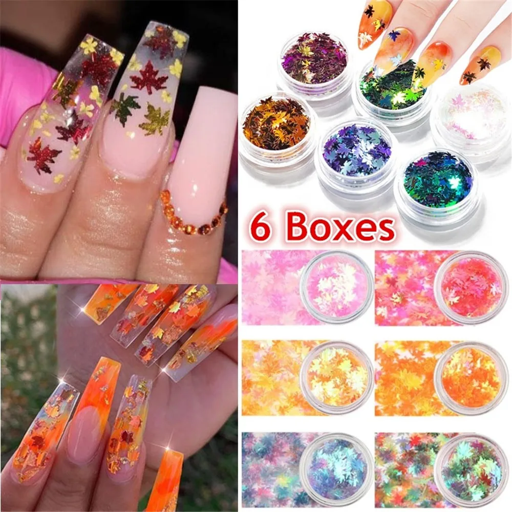 Случайный 6 шт./компл. блеск для ногтей, Цвет блестками Nail Art блестящие хлопья УФ Гель-лак бабочка в виде кленового листа блестками Декор ногтей набор