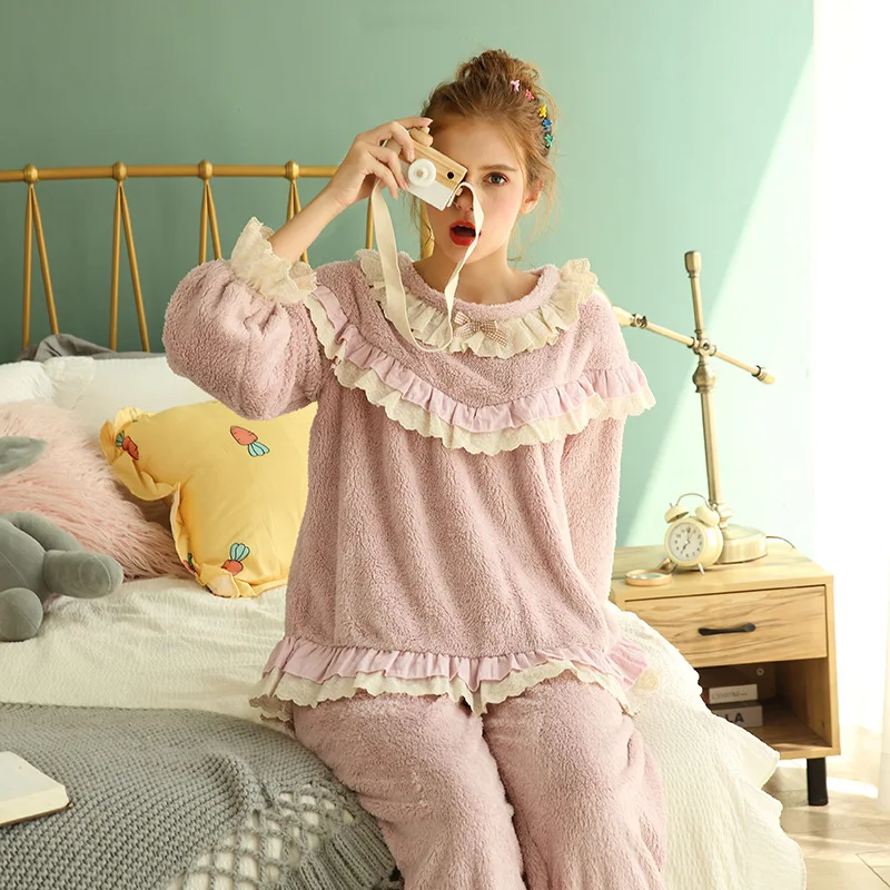 Пижамы для женщин осень и зима новые толстые корейские кружевные милые пижамные комплекты размера плюс Домашняя одежда сексуальная одежда для сна