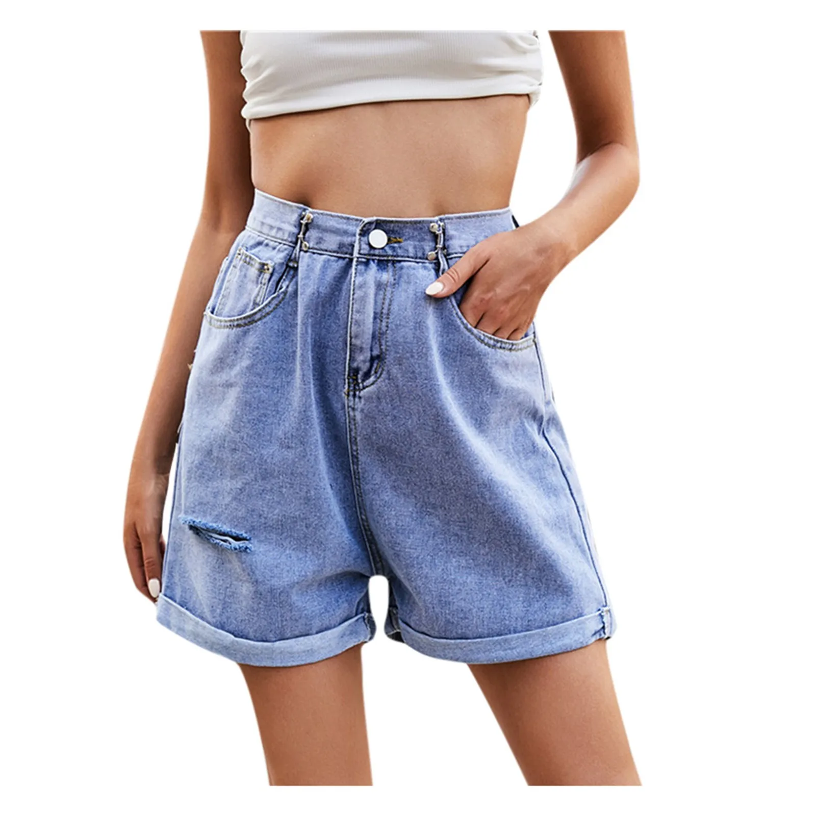 Women Lady Zipper Hight Waist Loose Straight Leg Full Short Pants Jeans