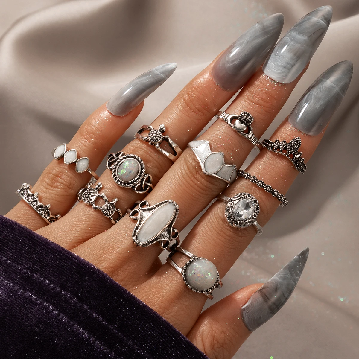Docona 8pc Vintage Silver Color Wide Knuckle WaterDrop Rhinestone Midi Finger Ring Sets Stacking Jewelry for Women 6421 | Украшения и