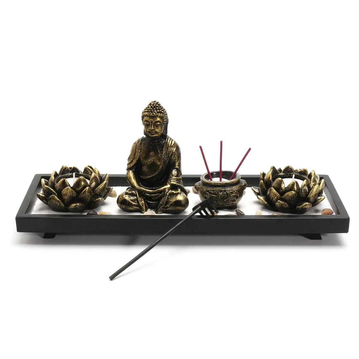 

Buddha Statue Zen Garden Sand Meditation Peaceful Relax Decoration Set Spiritual Buddha Incense Burner Feng Shui Decor