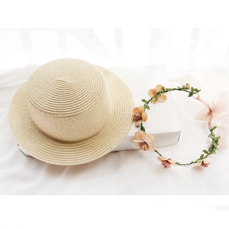 Parent-child Summer Women's Sun Hat Bucket cap beige lace Bowknot Flowers Ribbon Flat top Straw Hat Beach Caps Panama sun hat sun protection hat