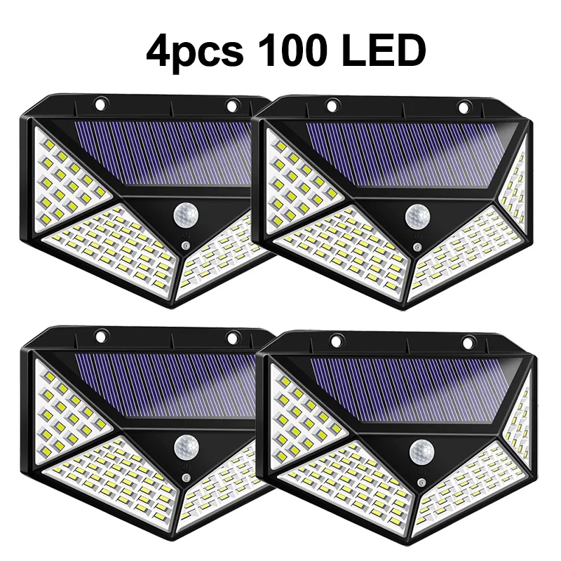 4pcs 100 LED 100/114 светодиодный солнечный светильник Открытый PIR датчик движения 3 Режимы солнечные Настенные светильники Четырехсторонние водонепроницаемые садовые лампы для двора - Испускаемый цвет: 4pcs 100 LED