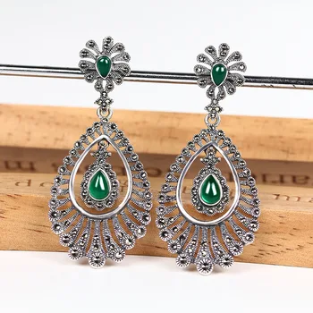 

Exaggerated earrings are as beautiful as peacock feather S925 pure silver needle new noble Jade Silver Earrings