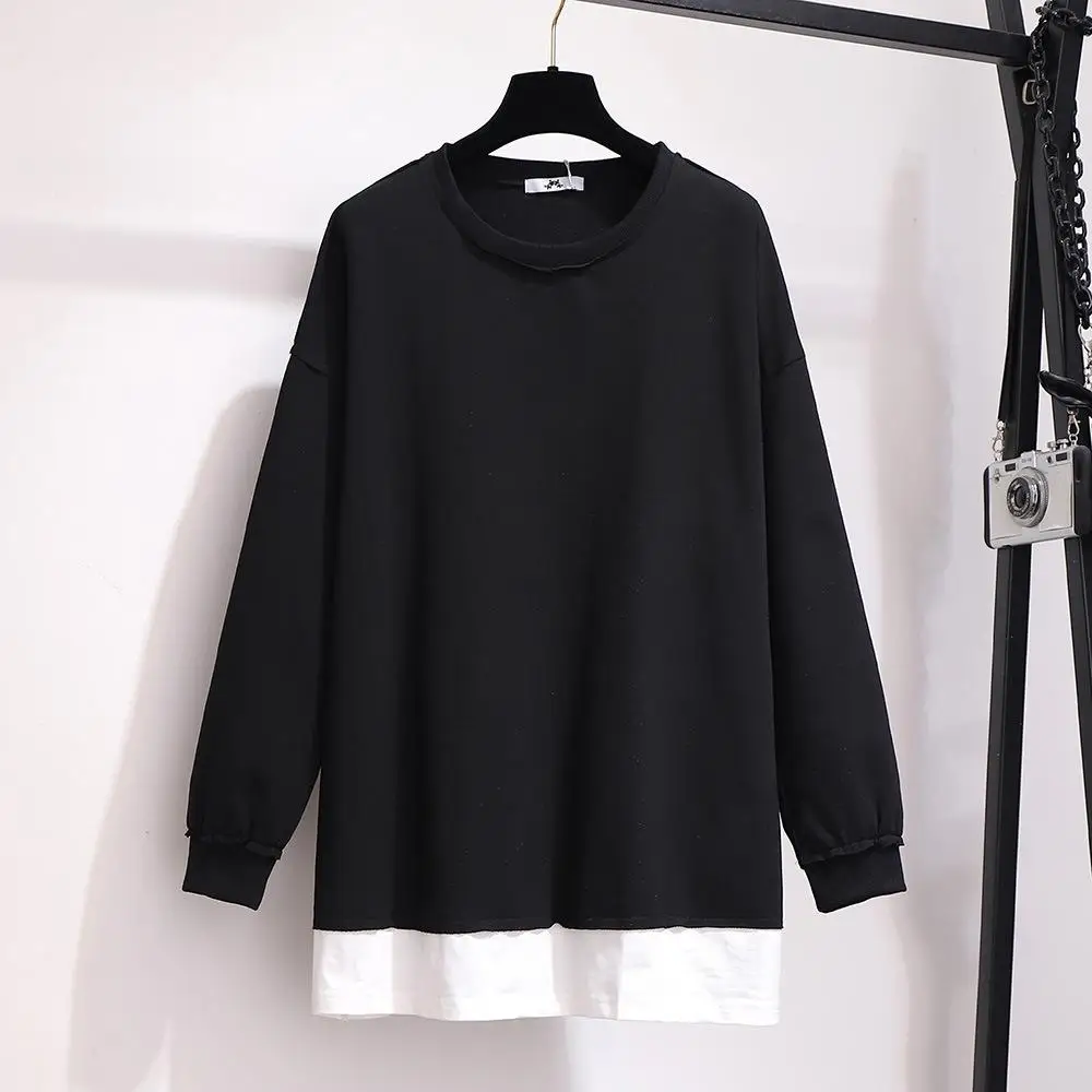 black 2XL-6XL плюс размер осенние женские толстовки хлопковые повседневные топы с длинными рукавами в стиле пэчворк пуловер 5XL Большие размеры Толстовка Топы - Цвет: black