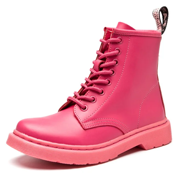 Женские теплые плюшевые зимние ботинки ботильоны из натуральной кожи осенне-зимняя женская обувь мотоциклетные ботинки обувь унисекс на шнуровке в Военном Стиле - Цвет: Rose Red