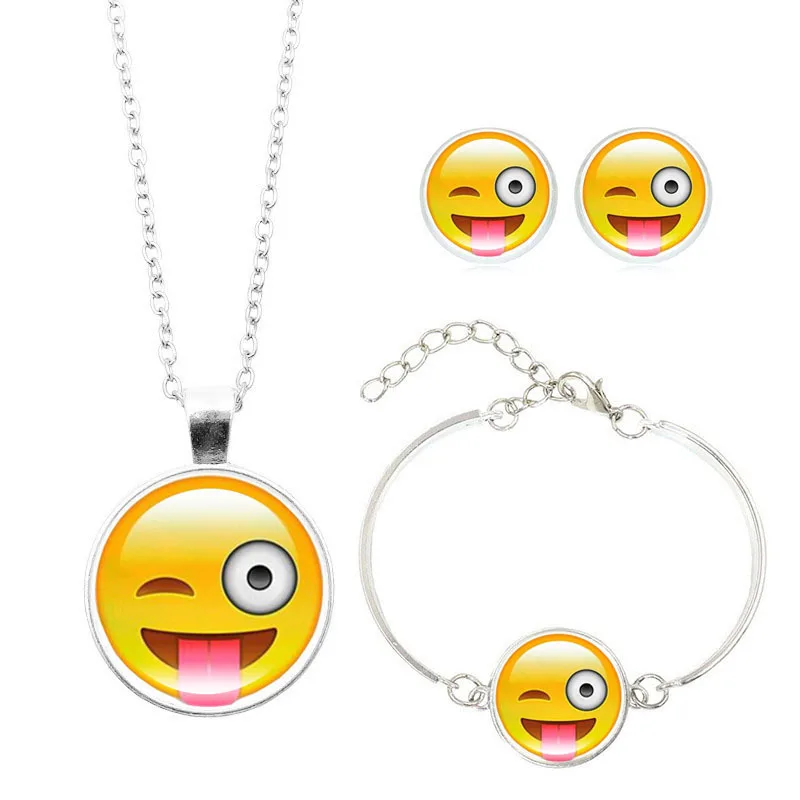 

Hot Sales Funny QQ Expression Time Stone Necklace Ear Stud Bracelets Three-piece Set Europe And America Accessories