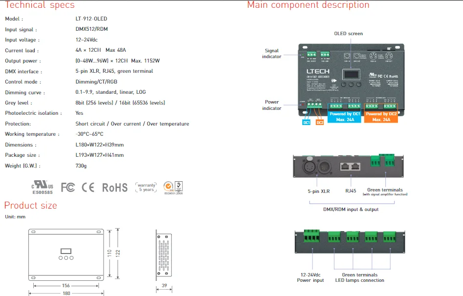 Светодиодный декодер DMX512; DC12-24V вход; 4А* 12CH 12 канальный выход RGB/RGBW светодиодный декодер XLR-3/RJ45 LT-912-O светодиодный/LT-912