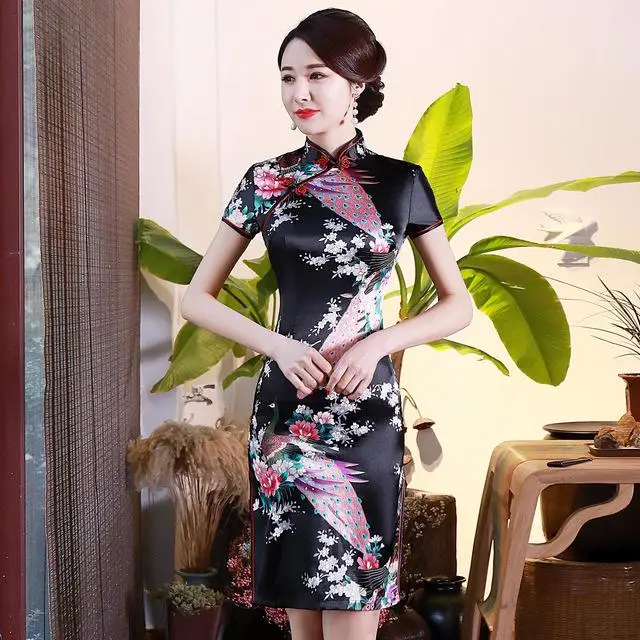 Женский тонкий большой размер 3XL-6XL китайский стиль вечерние атласное выпускное платье Мандарин воротник короткий Qipao сексуальный принт цветок Cheongsam Vestidos - Цвет: Black - A