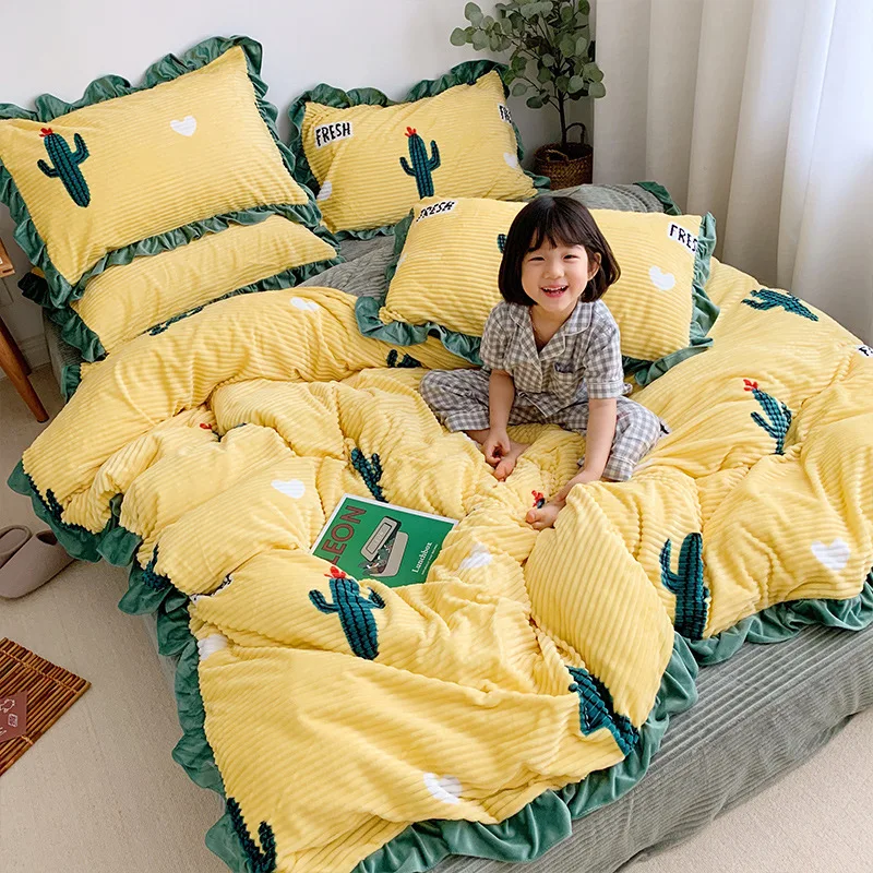 2020 winter Magic Fleece warm bedding set 3 or 4pcs/set fitted sheet duvet cover flannel fleece ruffles contrast color flat | Дом и сад