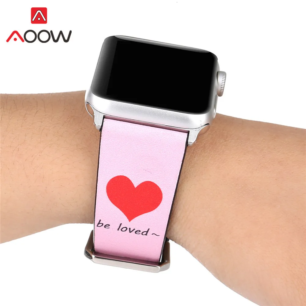 Ремешок для часов из натуральной кожи для Apple Watch 4, 5, 38 мм, 42 мм, 40 мм, 44 мм, с принтом сердца, мужской, женский браслет, ремешок для iwatch 1, 2, 3