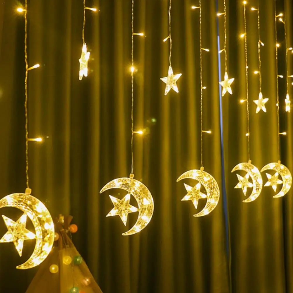 Warm White 220V European Standard Stars Moon Curtain Lights 12 Stars 6 Moons Home decoration lamp - Испускаемый цвет: Warm White