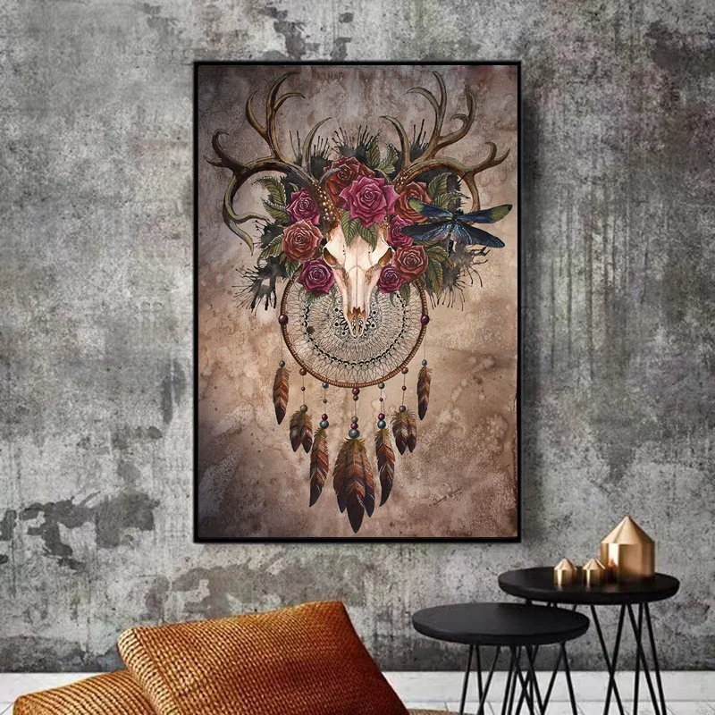 Bohemian Deer Skull Poster Art Prints Canvas Panitng Animal Skull With