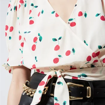 

New Women Silk Cherry Print Blouse Top Casual V Neck Short Sleeve Loose Shirt