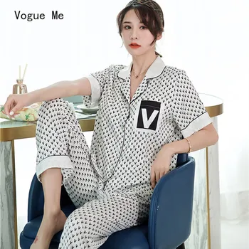 

New Pajamas Women's Spring and Autumn Ice Silk Printed Short-Sleeved Shorts Comfortable Lapel Leisure Tops Homewear Sleepwear