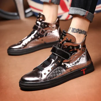 

Casual Shoes Patent Leather Gold Metal Color High Top Kanye West Rivet Boots Quality Hip Hop Sneakers Zapatillas Hombre #50
