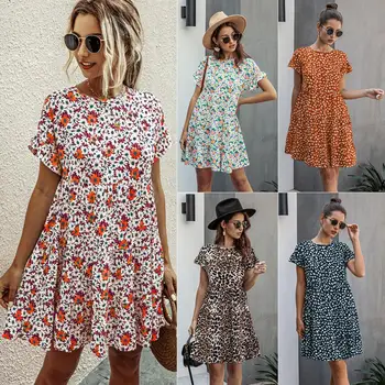 

Sexy women's summer dress round neck printed polka dot dress ladies casual short sleeve bohemian style beach dress