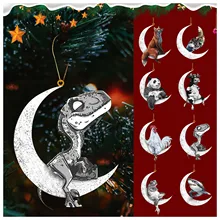 Christmas Animals Sitting on The Moon Pendant Christmas Tree Hanging Decorations Wood Xmas Tree Drop Ornaments 2022 Kids Gift