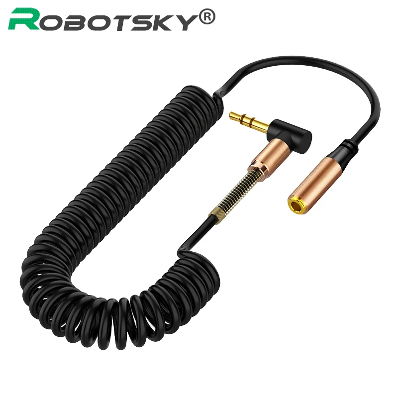 3.5mm Audio Cable Male To Female Aux Extension Wire Elbow Spring