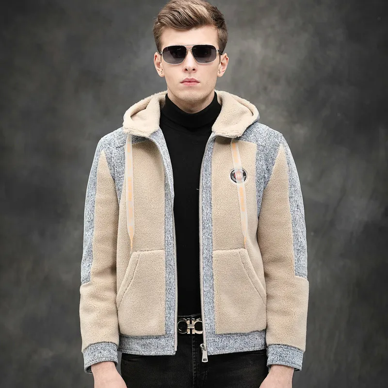 beige Мужское пальто с натуральным мехом, осенне-зимние шерстяные пальто для стрижки овец, джинсовая куртка с капюшоном, модные мужские меховые куртки WB19055 KJ3124 - Цвет: beige