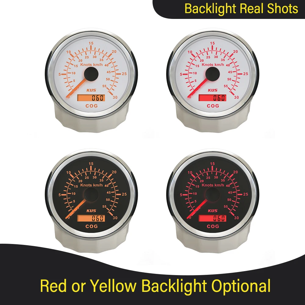 KUS 85mm 3 3/8" Waterproof Marine Boat Vessels GPS Speedometer 0-15 Knots 0-30 Knots 0-60 with Red Yellow Backlight