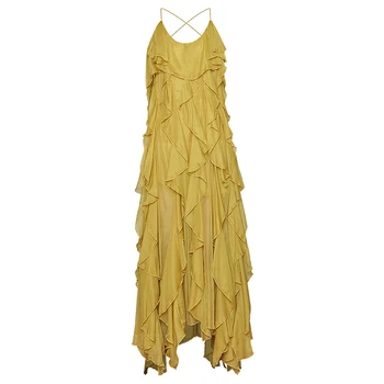 

Women Designer Sexy Backless Ruffles Sleeveless Strap Chiffon Midi Dress Irregular Holiday Boho Dress 2020 Summer