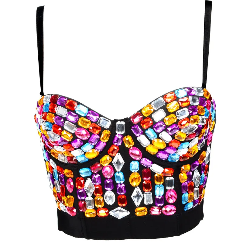 color 1 Rhinestone Bra Top Women's Colorful Gothic Punk Push Up Bra Clubwear Party Bustier Crop Corset Top Sexy lingerie - Цвет: color 1