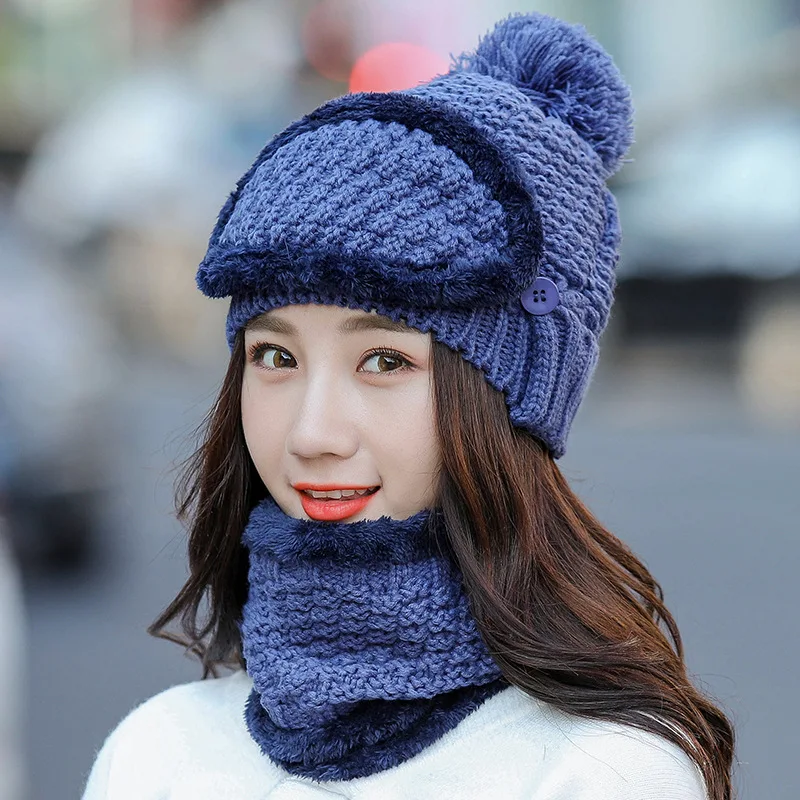 

New Thick Plus Cashmere Warm Beanies Ring Scarf Masks hat scarf Autumn Winter Women Knit Hat Cotton Ball Cover Collar Ear Warm