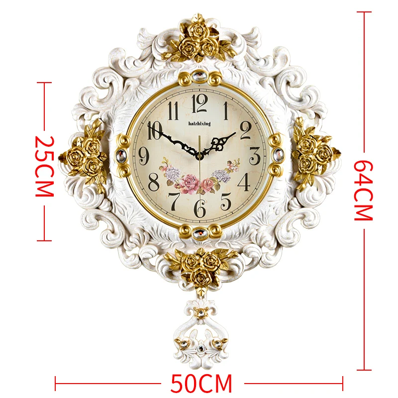 Golden Mute Swing Large Wall Clock Retro Flower Engraving White Clock B  