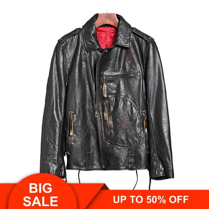 

2020 Vintage Brown Men American Motorcycle Leather Jacket Plus Size XXXXXXL Genuine Cowhide Slim Fit Biker's Coat FREE SHIPPING