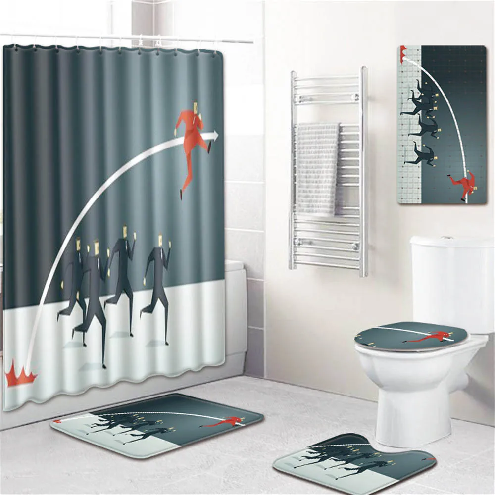 

5pcs/set 3d Print Shower Curtain Waterproof Bathroom Fabric PVC Non-slip Bath Mat Carpet Rug Toilet Seat Cover Mat Hooks Home