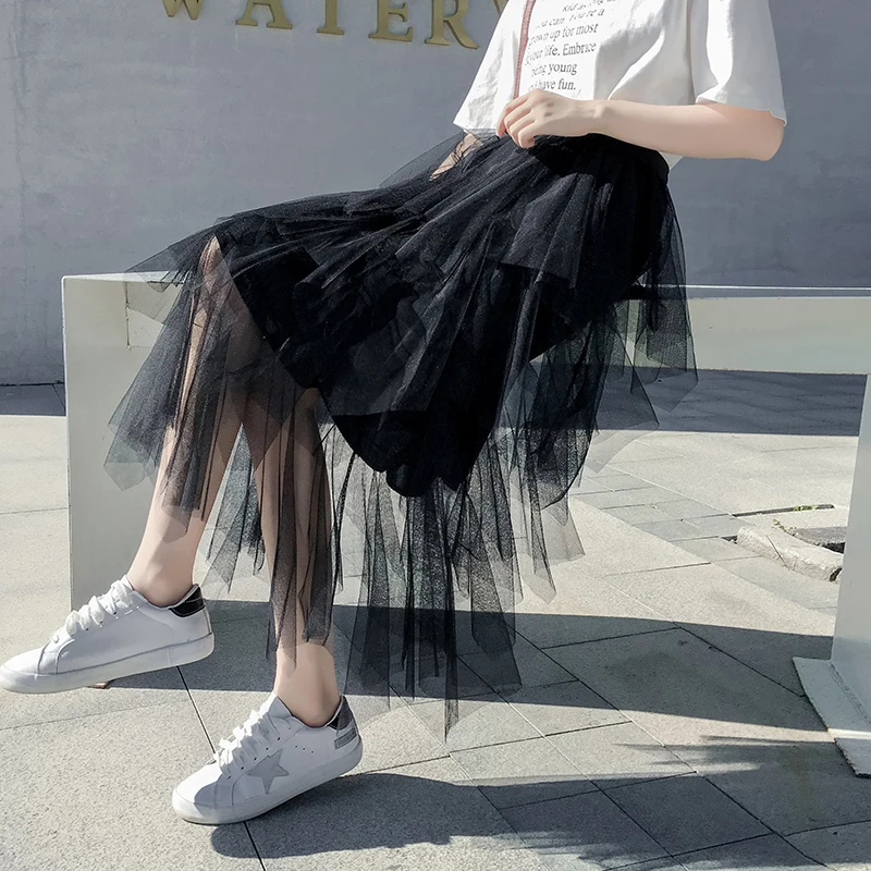 Sreetwear юбки женские модные эластичные высокая талия тюль сетка юбка гофрированные Длинные Юбки миди юбки Saias Faldas Jupe Femme