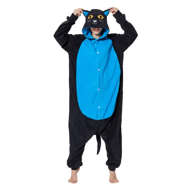 Кингуруми Кумамон единорог пижамы для взрослых Ститч Медведь животных Onesie зимние пижамы для мужчин пара фланелевая одежда для сна домашняя одежда - Цвет: Midnight cat