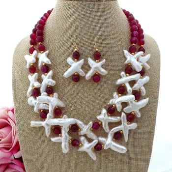 

K091312 18'' 2 Strands White Cross Pearl Agate Necklace Earrings Set