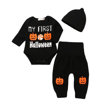 

Infant Baby Boys Girls Clothing Set 2019 Spring Autumn Long Sleeve Romper +Pants+Hat Halloween bebe kids Clothes Outfit