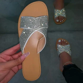 

2020 Women's Crystal Flat Summer Slippers Ladies PU Leather Open Toe Non Slip Shoes Woman Comfort Casual Fashion Slippers Female
