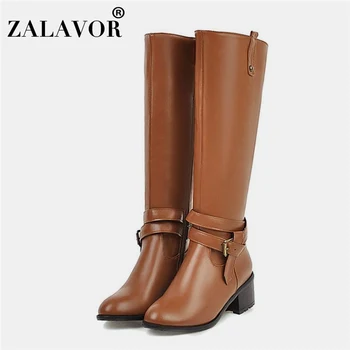 

ZALAVOR Women Pu Leather Buckle Knee High Boots Zipper Daily Chunky Heels Winter Boots Round Toe Botas Footwear Size 34-43