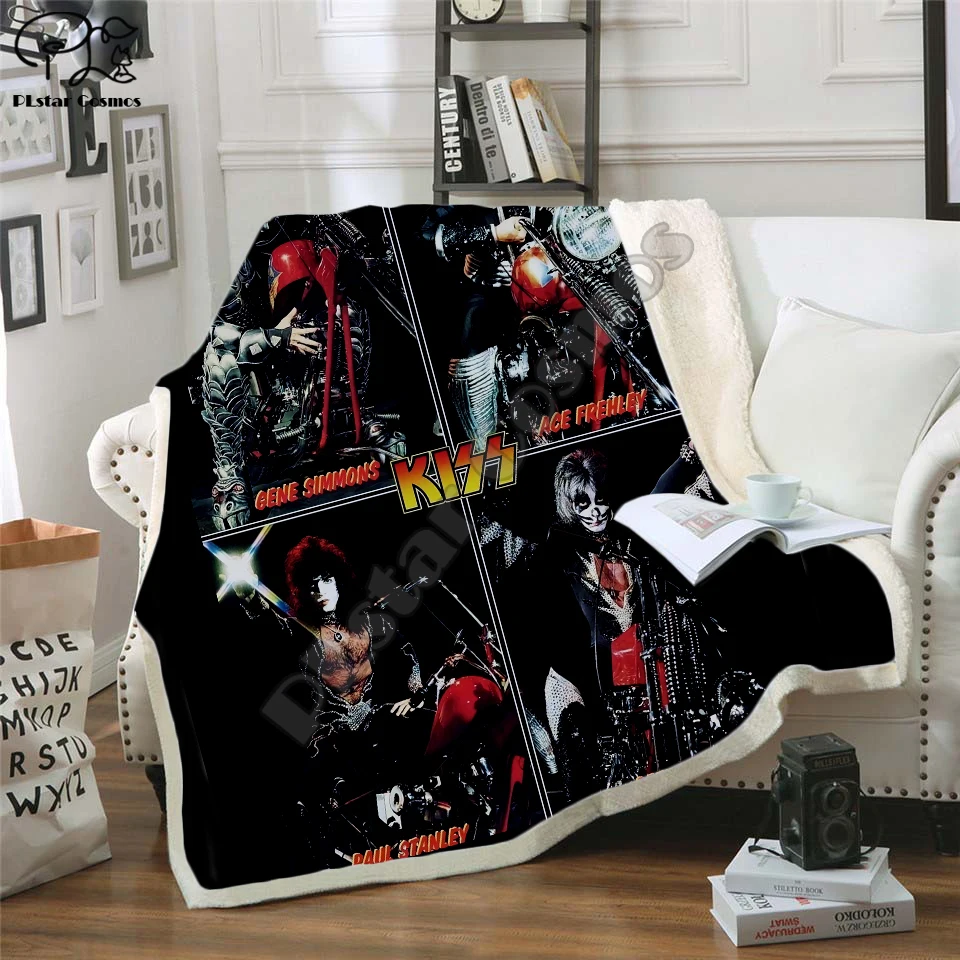 Плед для вечерние НКИ Plstar Cosmos Band KISS Rock & Roll All Nite с 3D принтом шерпа на кровати