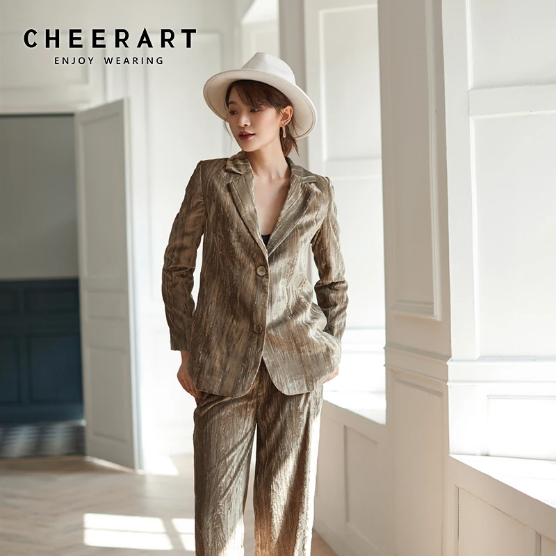 CHEERART бархатный блейзер набор женский шикарный однотонный Блейзер и брюки комплект из двух предметов Коричневый Женский комплект из 2 предметов Наряд Костюмы офисные наборы Осень