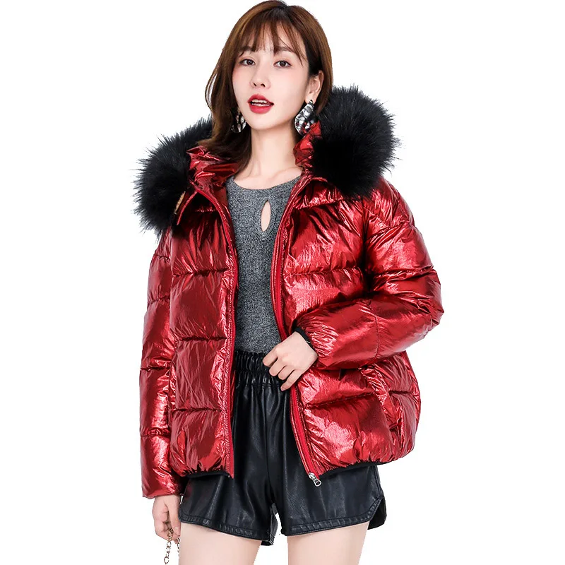 W21-9012Red Зимний пуховик, женские парки, новинка, модные толстые хлопковые пальто с меховым капюшоном, женская верхняя одежда, теплые глянцевые свободные куртки для женщин - Цвет: W21-9012Red