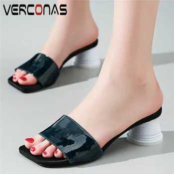 

VERCONAS Women Shallow Slippers Brand Design Summer Concise Square Toe High Heels Sandals Basic Shoes High Quality Shoes Woman