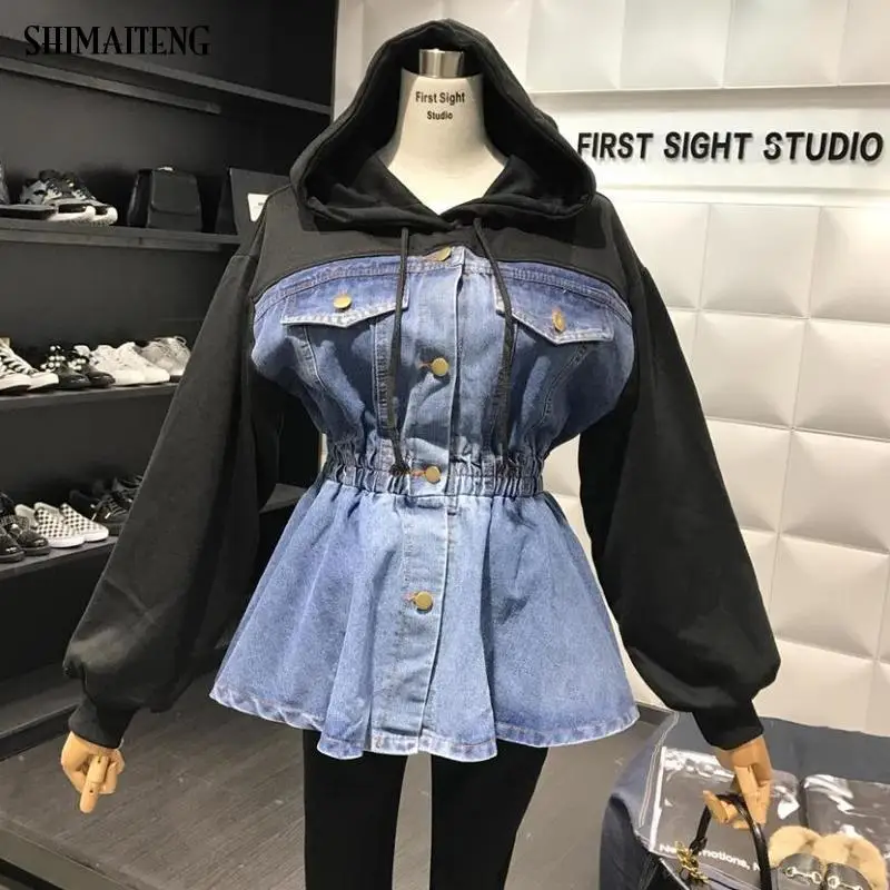 

Fashion Hooded Sweater Stitching Denim Jacket Spring New High Waist Thinned Denim Coat Jacket Feamle 4xl Plus Size Sweatershirt