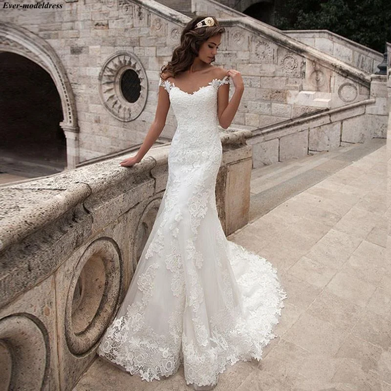 Vestido De Noiva Свадебные платья Русалочки кружевное, из легкой ткани, с аппликацией, с круглым вырезом, Кепки рукава плюс Размеры Свадебные платья Robe De Mariage