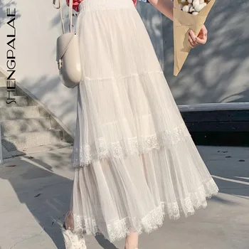 

SHENGPALAE 2020 new fashion spring Women Vintage Ladies Pleated Mesh Yarn stitching skirt ZA3604