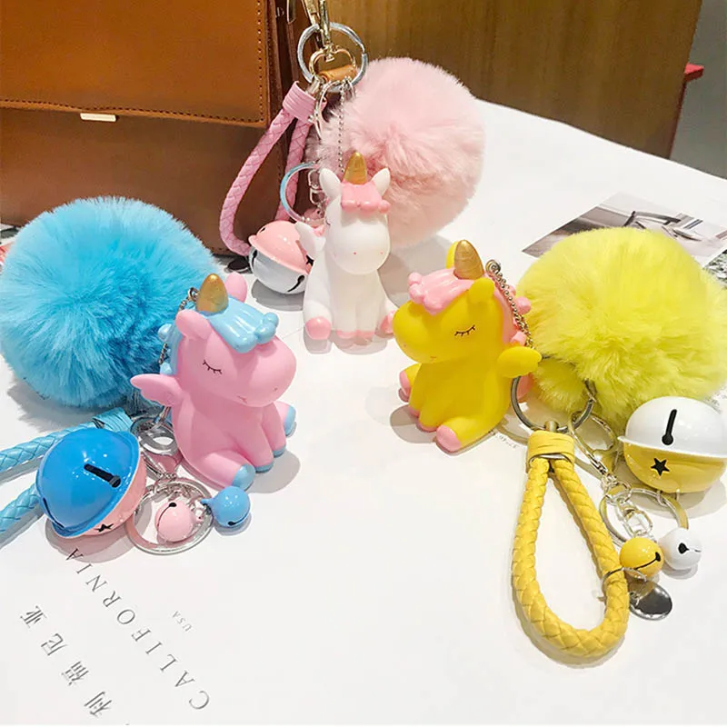 

Cute pompom keychains cartoon Silicone unicorn key chain with Artificial fur ball Lanyard women bag pendant car Jewelry key ring