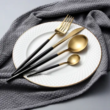 

4 Pcs Stainless Steel Cutlery Set Western Black Gold Steak Knife Fork Spoon Metal Tableware Reusable Wedding Dinnerware MM60CJ