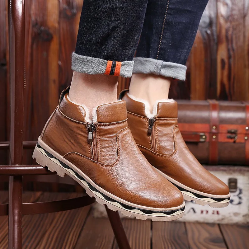

2019 Men's Snow Boots Winter Male Martin Boots Quality Leather Plus Warm Waterproof Boots Vintage Men Side-Zipper Ankle Boots