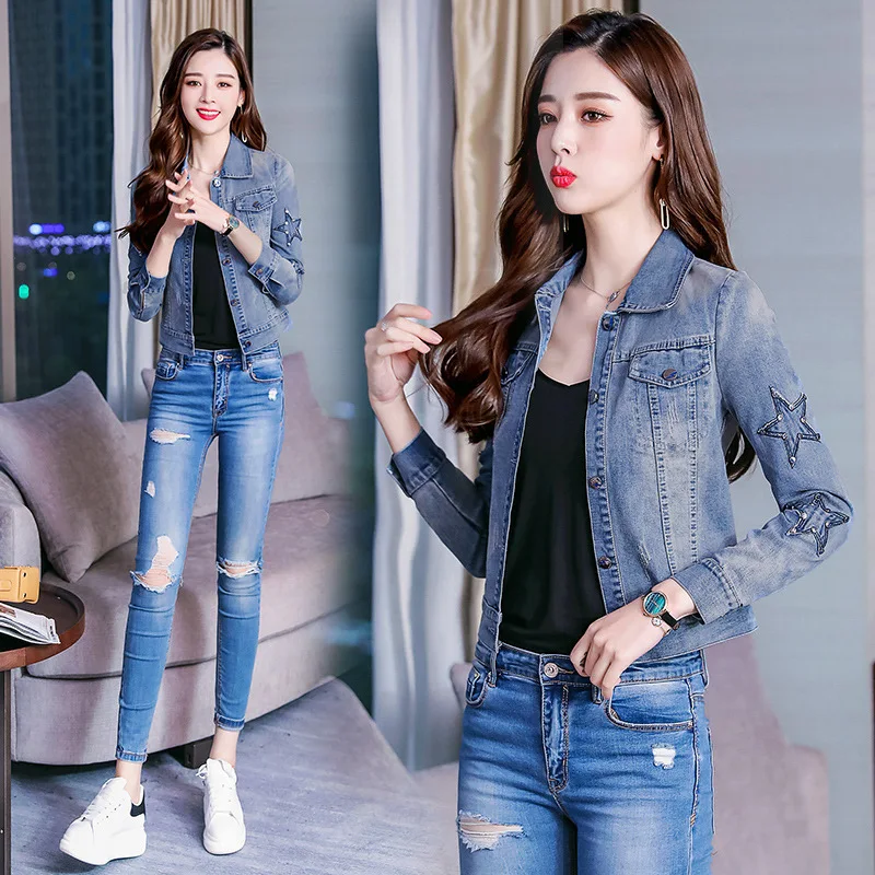 

Photo Shoot 2018 Autumn WOMEN'S Dress New Style Slim Fit Jeans Cropped Jacket Long Sleeve Jacket Slimming BF Fashion